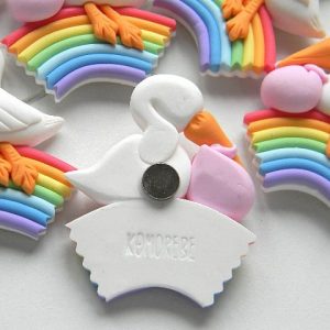 Bomboniere cicogna animali kawaii bambini battesimo - nascita - babyhower, arcobaleno, personalizzate in fimo