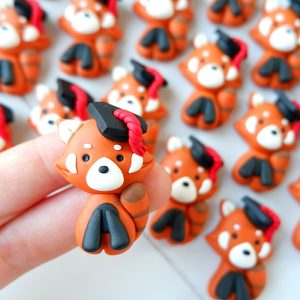 Bomboniere magneti fatte a mano artigianali, animali laureati panda rosso kawaii con tocco cappellino da laurea, personalizzate in fimo